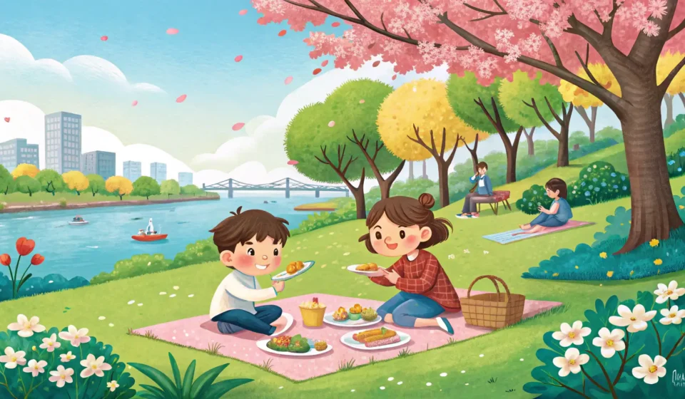 Illustration of two friends at a picnic in a Korean park, one hilariously failing to juggle while th...