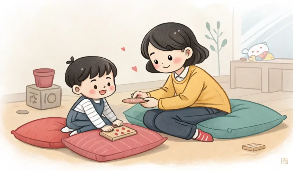 Illustration of one Korean sibling laughing loudly while watching something, as another sibling gest...