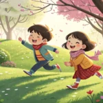 Two cartoon Korean children running in a park; the faster one teases the slower one who is lagging b...