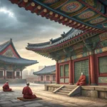 A peaceful courtyard view of a traditional Korean Buddhist temple with ornate eaves and a stone pago...
