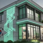 Illustration of a modern Korean building with green energy lines and solar panels, symbolizing the e...