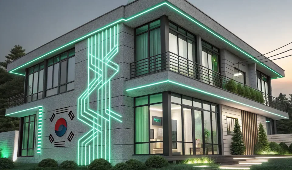 Illustration of a modern Korean building with green energy lines and solar panels, symbolizing the e...