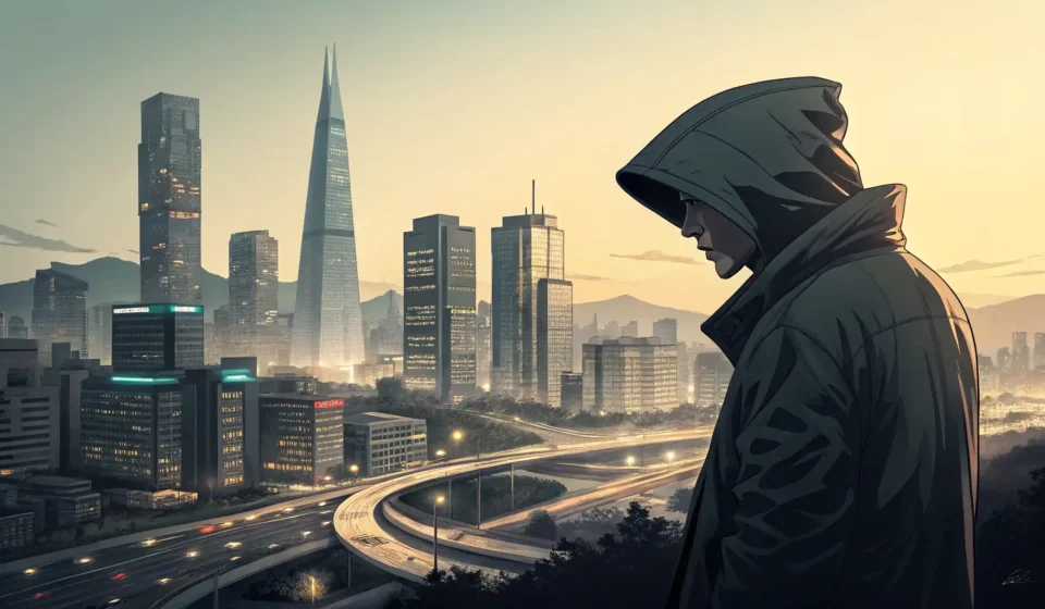 Stylized shadow figure overlooking a modern Korean cityscape at dusk, representing the Korean term f...