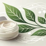 A minimalist graphic showing a green leaf transforming into a cosmetic droplet, symbolizing the natu...