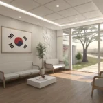 A serene, minimalist interior of a modern Korean clinic waiting area, representing the topic of lear...