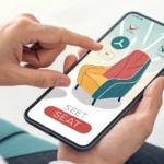 Illustration of a hand using a smartphone to select seats on a digital map, symbolizing online ticke...