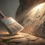 A glowing paintbrush creating a traditional Korean pattern with ethereal paint over an ancient stone...