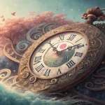 A mystical Korean clock face dissolving into mist with glowing fragments, symbolizing Korean vocabul...