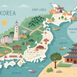 Stylized map of South Korea with landmark icons and a magnifying glass, representing finding tourist...