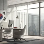 Stylized glowing icon symbolizing confidentiality against a blurred modern Korean business backgroun...