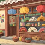 A close-up view of diverse Korean traditional crafts like ceramics and fans displayed attractively i...