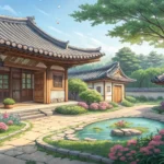 Illustration depicting a serene courtyard of a traditional Korean Hanok house, highlighting its uniq...