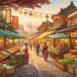 A bustling traditional Korean market scene viewed from slightly above, showing colorful stalls fille...