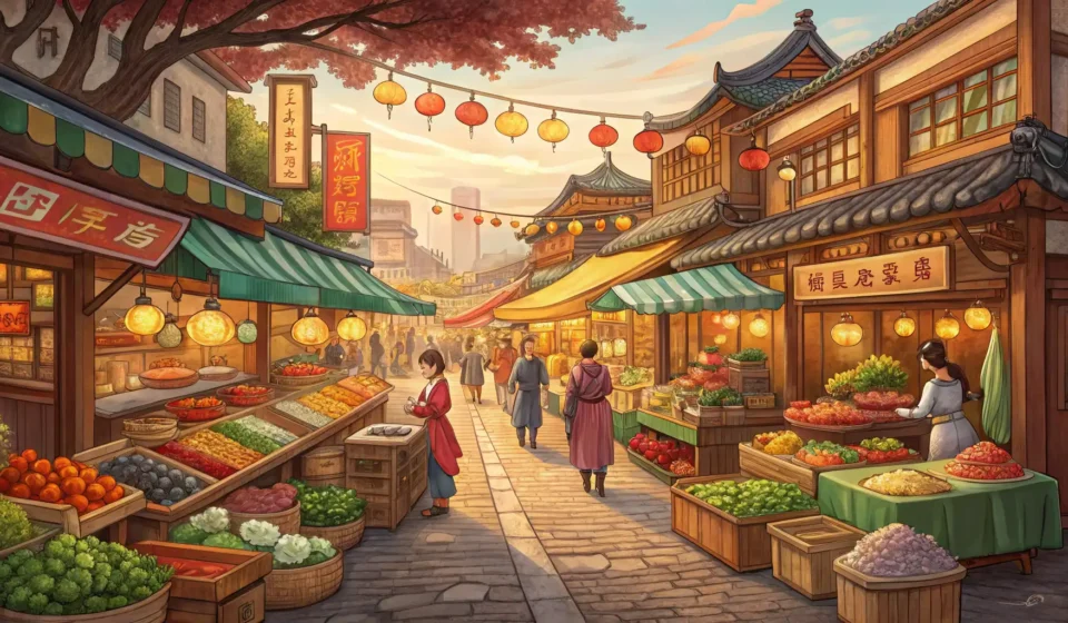 A bustling traditional Korean market scene viewed from slightly above, showing colorful stalls fille...