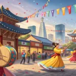 A tourist at a Korean cultural fair curiously looking towards a local while traditional musicians pe...
