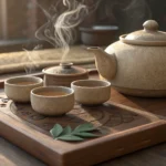 A close-up view of an elegant Korean traditional tea set, including a steaming teapot and delicate c...