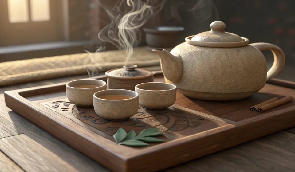 A close-up view of an elegant Korean traditional tea set, including a steaming teapot and delicate c...