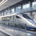 Modern KTX high-speed train at a platform in a South Korean station, representing learning how to ch...