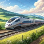 Illustration of a modern Korean high-speed train traveling through the Korean countryside, symbolizi...