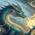 Stylized Korean dragon with a glowing jewel, amidst swirling golden lightning transforming into dark...