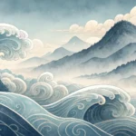 Stylized Korean ink wash painting of swirling ocean waves with a subtle compass rose motif, evoking...