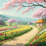 Illustration showing a clear visual path from a Korean farm with fresh produce to a dining table, re...