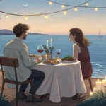 A couple enjoys a romantic dinner by the sea at sunset, subtly planning a trip with a beach brochure...