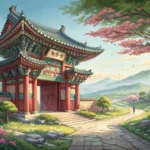 Illustration of a traditional Korean temple gate amidst mountains and cherry blossoms, symbolizing l...