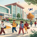 Illustration showing diverse students walking on a modern Korean university campus with a prominent...