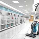 A sleek vacuum cleaner displayed in a bright Korean electronics store, representing learning how to...