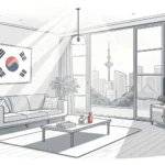 Illustration showing fresh air currents entering a modern Korean room through a window, representing...