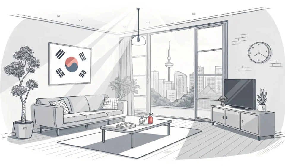 Illustration showing fresh air currents entering a modern Korean room through a window, representing...