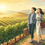 Young Korean couple discussing choices while standing in a sunny vineyard, symbolizing planning a vi...