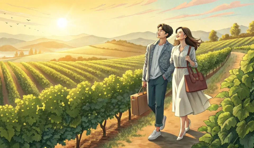 Young Korean couple discussing choices while standing in a sunny vineyard, symbolizing planning a vi...
