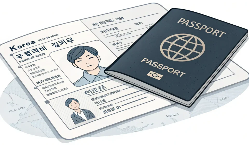 Illustration symbolizing the Korean visa extension process with a passport and Alien Registration Ca...