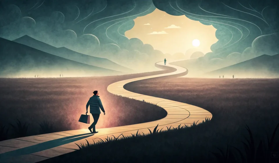 Abstract image symbolizing the difficult path of recovery, used for a Korean language lesson on disc...