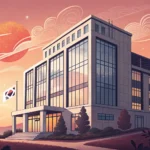 Illustration of a modern Korean office building at sunset with falling autumn leaves, representing t...