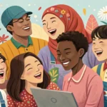 Illustration showing diverse volunteers cheerfully working together in a Korean community setting, r...