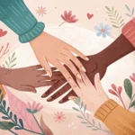Illustration of hands coming together, symbolizing community and volunteering, with subtle Korean cu...