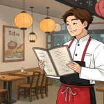 Illustration of a Korean waiter in a restaurant holding a menu, ready to take an order, symbolizing...