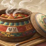 A steaming hot Korean soup served in a traditional black earthenware pot (ttukbaegi) on a restaurant...
