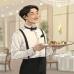 Illustration of a Korean waiter recommending an appetizer to a couple on a date night in a modern Ko...