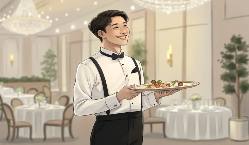 Illustration of a Korean waiter recommending an appetizer to a couple on a date night in a modern Ko...