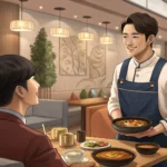 Attentive Korean waiter listening to a customer's special food request in a modern Korean restaurant...