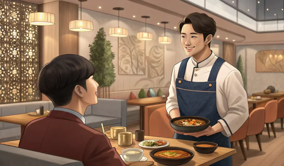 Attentive Korean waiter listening to a customer's special food request in a modern Korean restaurant...