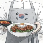Minimalist illustration of a waiter's hands presenting a clean Korean spoon in a restaurant setting,...
