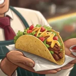 Illustration of a waiter's hands offering a taco in a casual Korean restaurant, symbolizing a Korean...