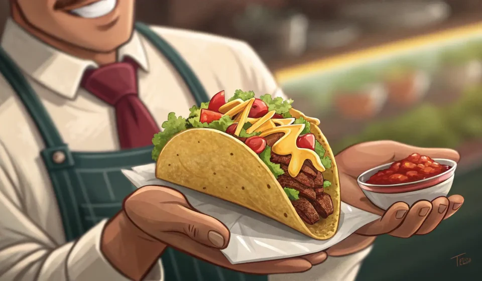 Illustration of a waiter's hands offering a taco in a casual Korean restaurant, symbolizing a Korean...