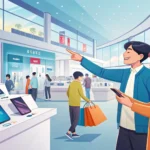A shopper asking a clerk about an air fryer warranty in a modern Korean electronics store setting, s...