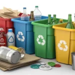 Neatly sorted piles of recyclables including plastic, paper, cans, and glass, illustrating the conce...